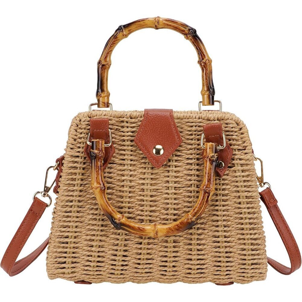 Straw Crossbody Bag Woven Shoulder Purse with Bamboo Handle Leather Strap
